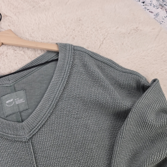 Aerie Ribbed Green V-Neck Pullover Oversized Sweatshirt XL - Picture 4 of 8